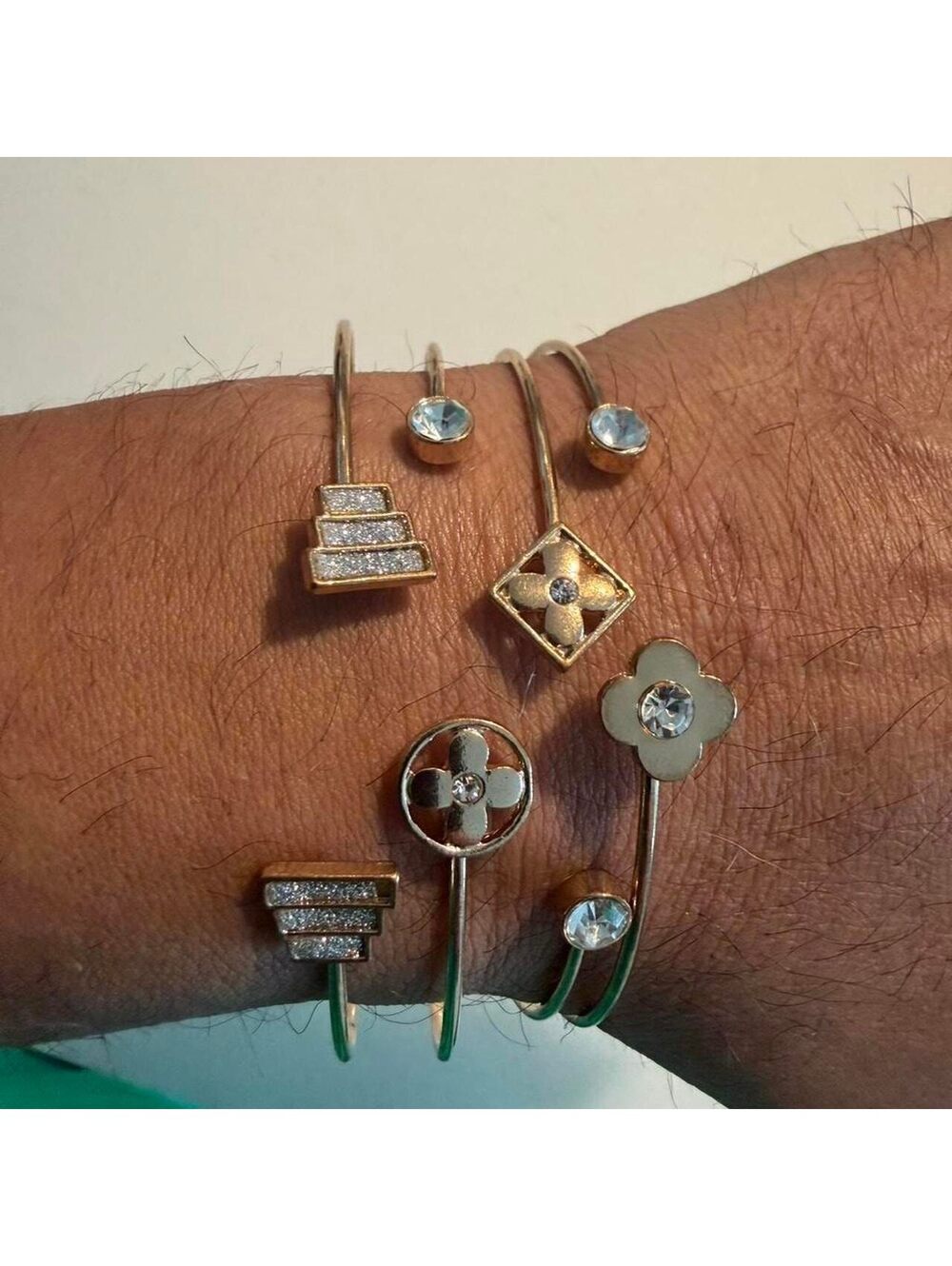 Set of 5 Gold Tone Open Cuff Bracelets with Crystal Accents